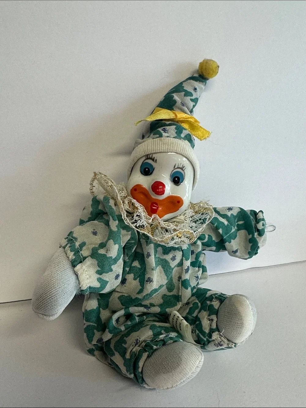 Vintage Teal Floral Clown Doll with Yellow Hat Pom
